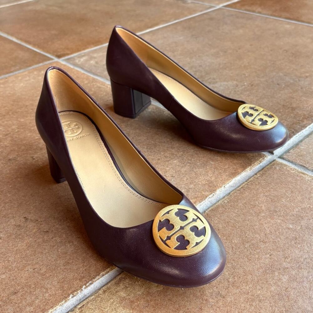 Tory Burch Benton Burgundy Block Heel Pumps Classic Polished Office Event size 8 - Picture 15 of 15
